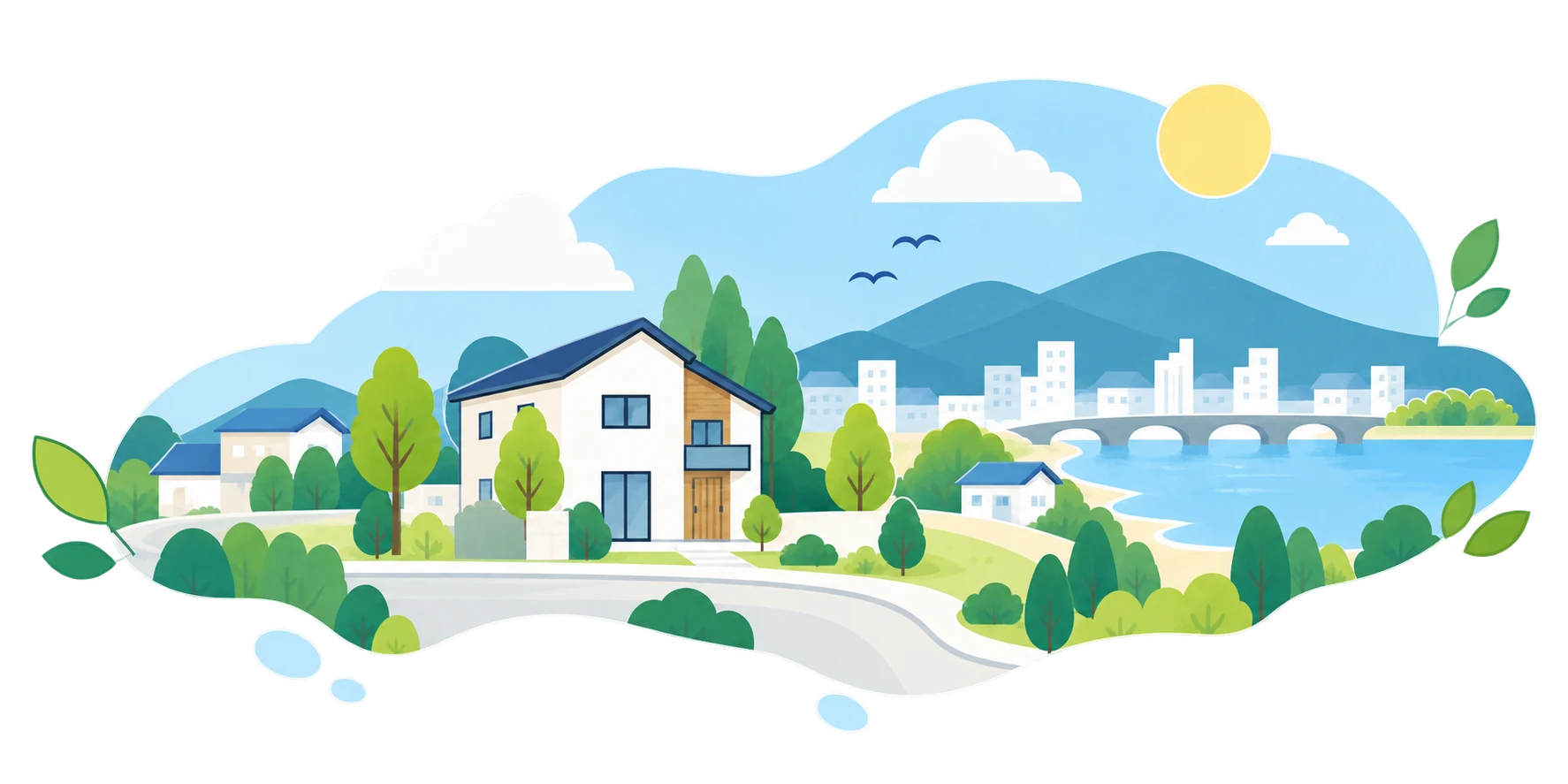 緑豊かな街と住宅のイラスト